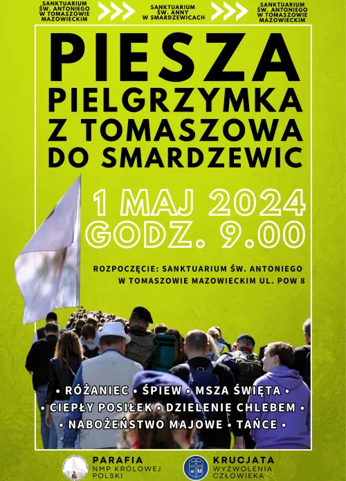 plakat zaprasza na pieszą pielgrzymkę z Tomaszowa do Smardzewic