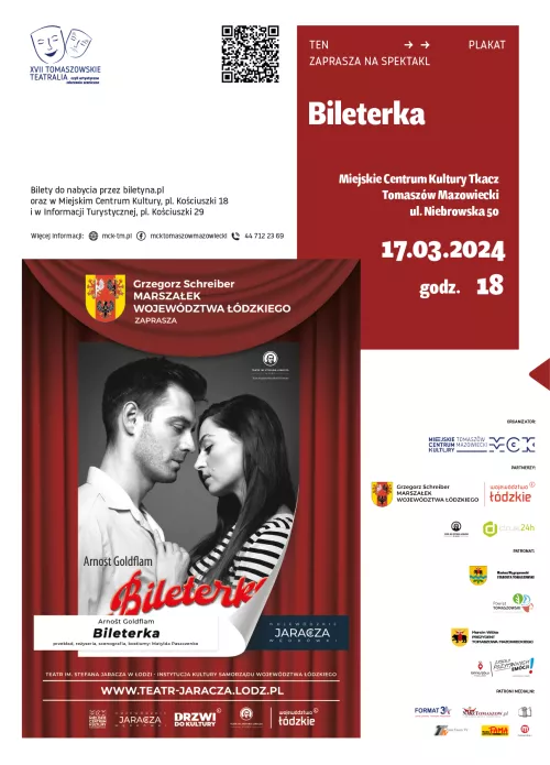 Plakat zaprasza na spektakl "Bileterka" - spektakl w ramach XVII Tomaszowskich Teatraliów