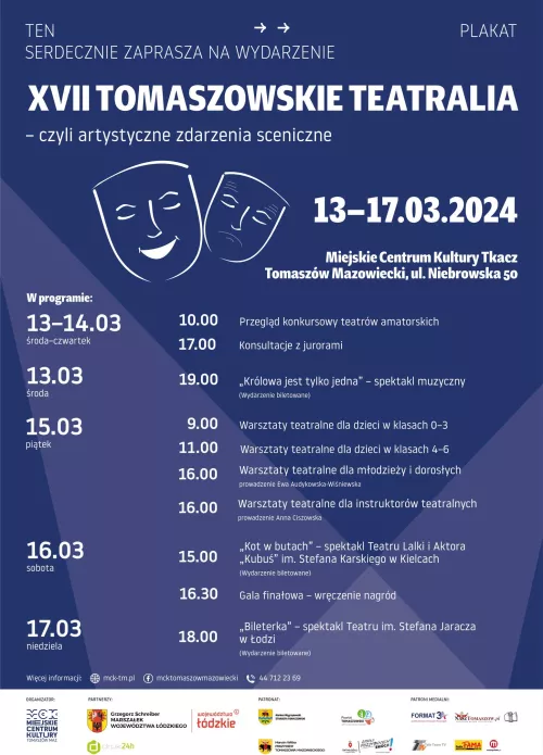 plakat przedstawia zaproszenie na Tomaszowskie Teatralia z dokładnym planem wydarzeń