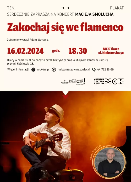 Plakat zapowiadający koncert muzyki flamenco, na zdjęciu artysta Maciej Smoluch