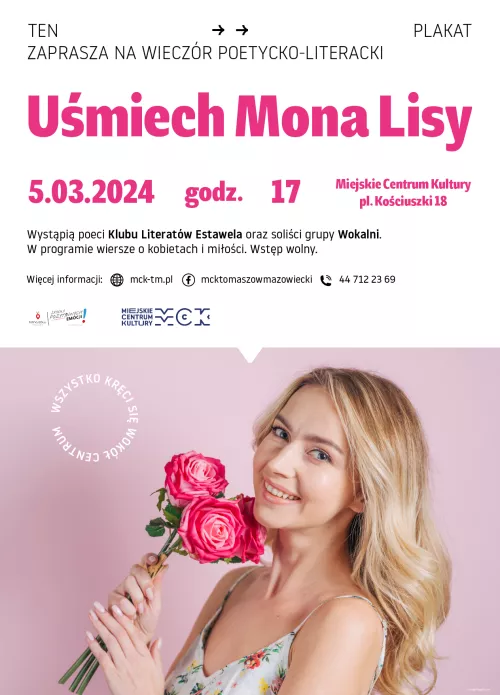 Plakat przedstawia zaproszenie na wieczór poetycki Uśmiech Mona Lisy
