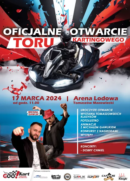 Plakat na wydarzenie w tonacji czerwono niebieskiej przedstawia w centralnej części czarny gokart.