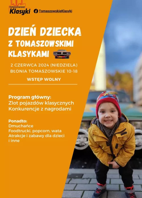 Plakat zapraszający na dzień dziecka z tomaszowskim klasykami